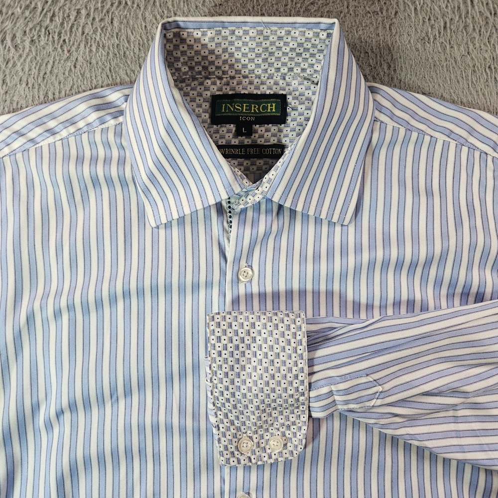 Inserch Dress Shirt Men Large Flip Cuff Button Up Long Sleeve White Blue Striped